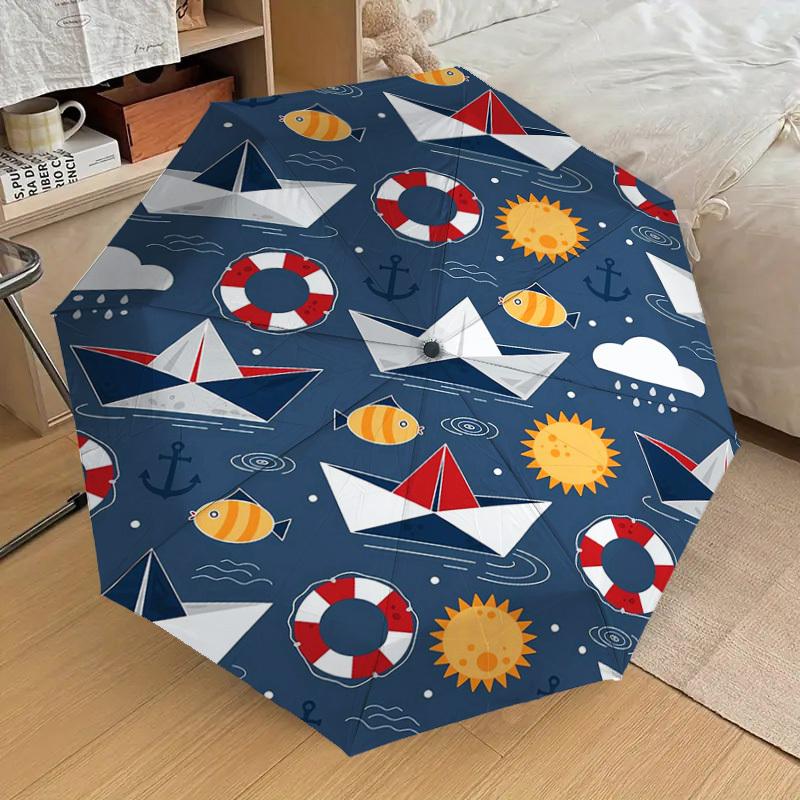 1pc Nautical Pattern with Boats, Fish, and Lifebuoys Umbrella with Plastic Handle,Suitable for All Seasons Home Travel Outdoor UmbrellaDD1541