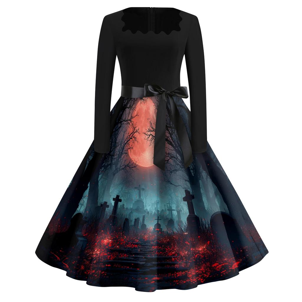 Women Casual Halloween Dress Long Sleeve Square Neck Vintage Style Fit Flare Dress with Spider Web Print and Waist Tie Belt