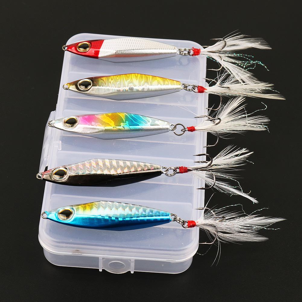 5Pcs Jigs Fishing Lures Sinking Metal Spoons Micro Jigging Bait with Free Plastic Tackle Box