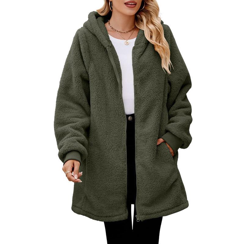 Winter Loose Plush Women's Long Sleeve Hooded Zipper Cardigan Plus Size Jacket