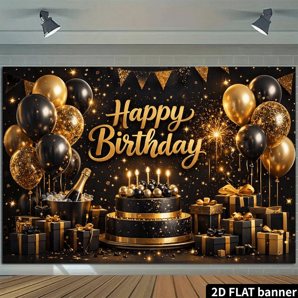 2D Plane Black-Gold Luxurious Birthday Party Background Cloth, Black-Gold BalloonsDJH