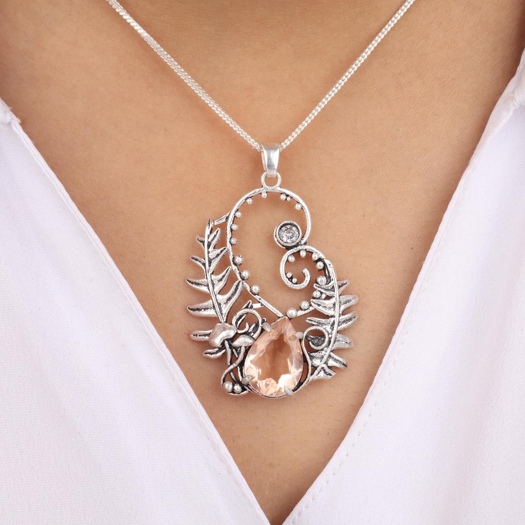 Peach Tourmaline Gemstone Silver Pendant 1.8" 925 Sterling Silver Women Jewelry For Birthday Gift CP-42-13