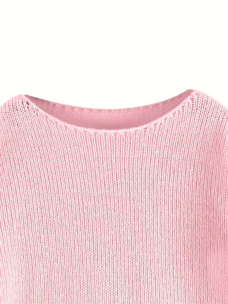 Rose Beauty A Plus Size Solid Crew Neck Pullover Sweater, Elegant Long Sleeve Knitted Sweater For Fall & Spring, Women's Plus Size Clothing