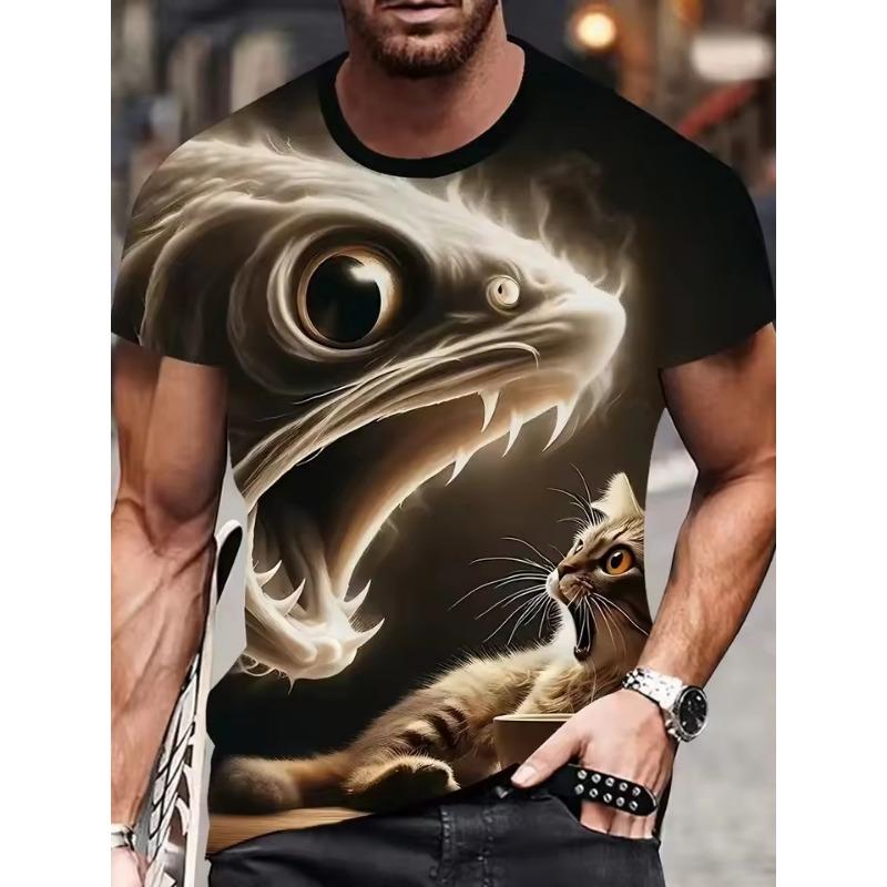 Summer Men's Funny Cute Cat 3d Printed Short Sleeve T-Shirt Loose Street Wear T-Shirt Casual Simple Suitable Children