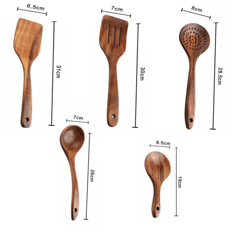 5 шт. Натуральная тиковая кухонная ложка-совок кухонная деревянная лопатка с антипригарным покрытием набор посуды для приготовления пищи с крючками для подвешивания кухонная утварь инструмент