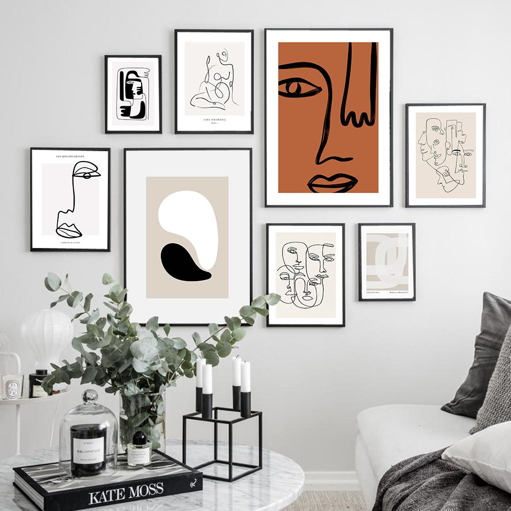 Абстрактные линии лица Галерея искусства Постер Бежевый Черный Холст Картина Модные Бохо Картины Декор Стены Комнаты Интерьер Украшения Дома
