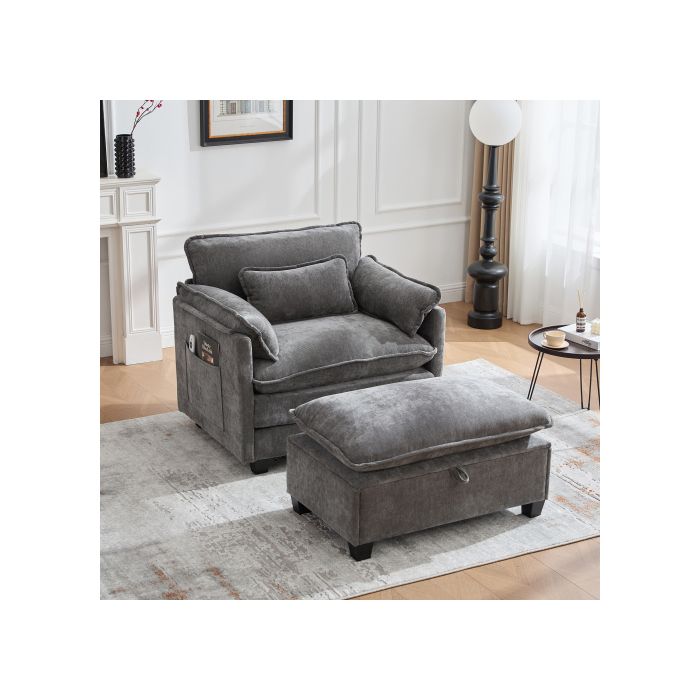 Fauteuil moderne - MUVOE - Chaise longue - Tissu chenille - Repose-pieds - Poche latérale