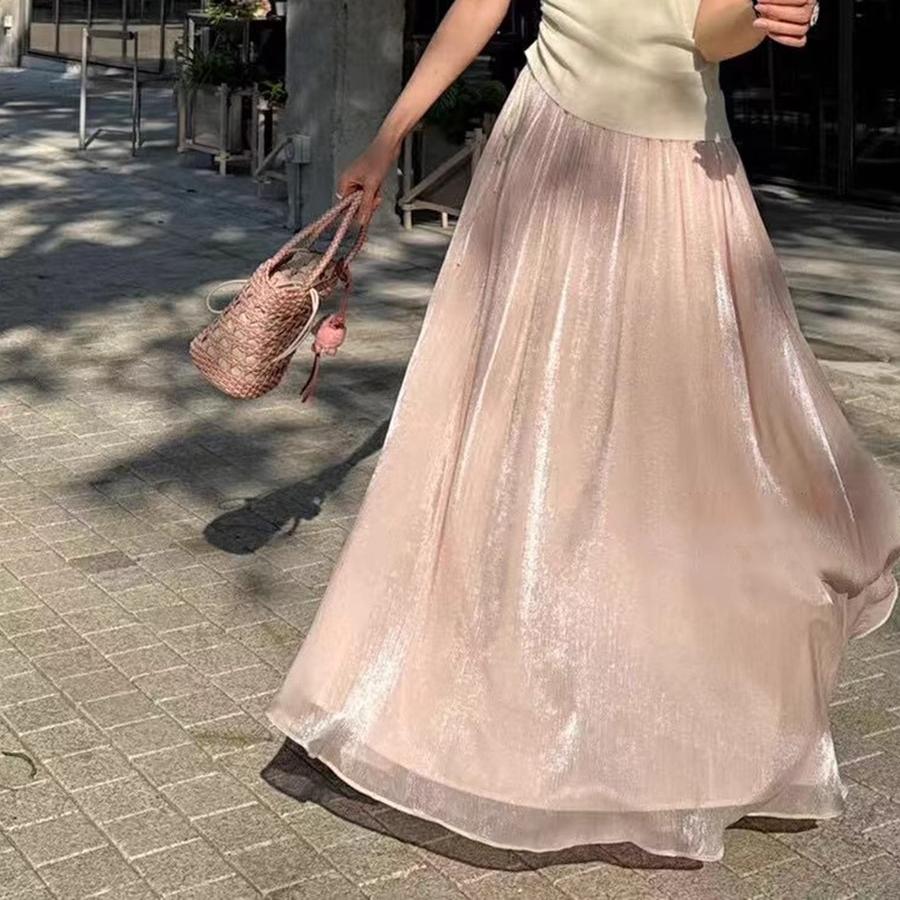 DIMANAF 2025 Лето Женские Новые Юбки Однотонные Эластичная Талия Плиссированные Сетчатые Элегантные Желтые Синие Юбки