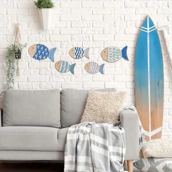 5 шт./набор Деревянная рыба Настенное украшение Косяк рыб Пляжный Дом у озера Ванная комната Настенное искусство Морская Прибрежная Океанская тематика Подвесное украшение