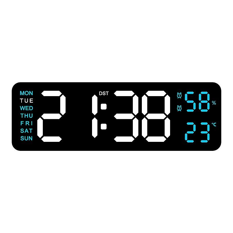 USB Powered 9 Inch Large Digital Wall Clock Temperature Humidity Week 2 Alarm Auto Dimmer Snooze 12/24H DST Desk LED Alarm Clock