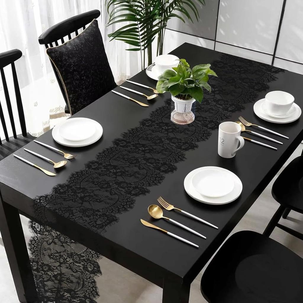 Black Lace Table Runner - 14x118 Inch Black Lace Tablecloth Elegant Vintage Table Runner for Gothic Boho Wedding Decor, Romantic Party Anniversary