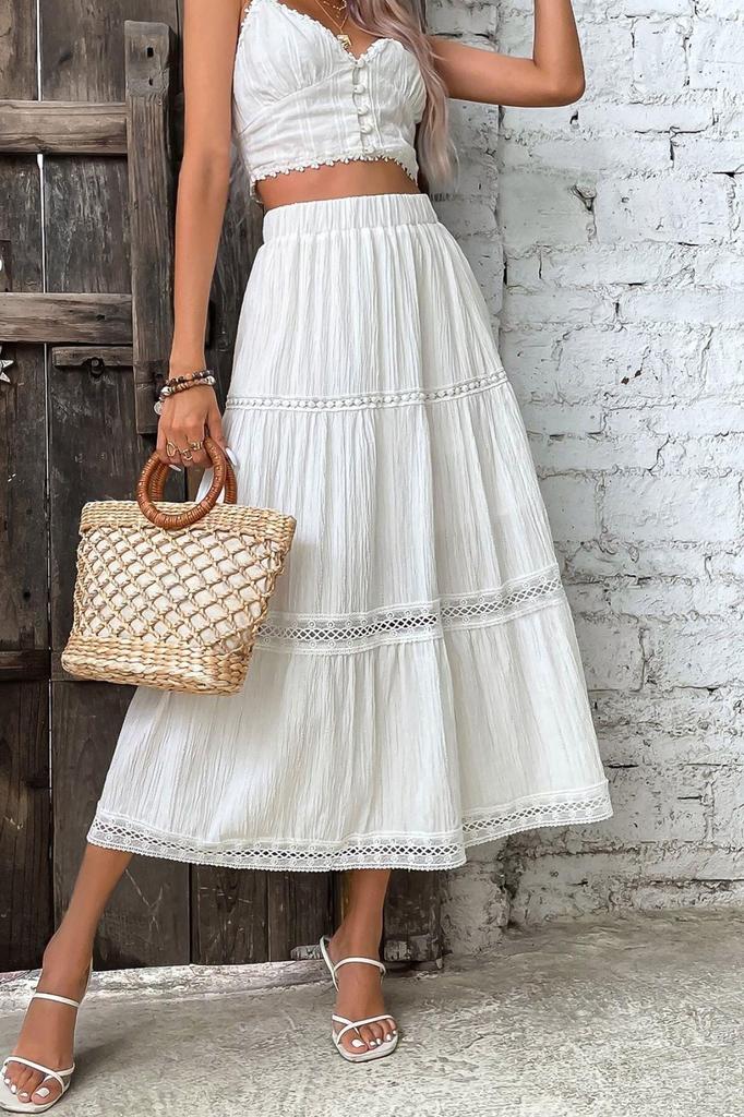 Bella Notte White Lace Detail Muslin Fabric Long Skirt