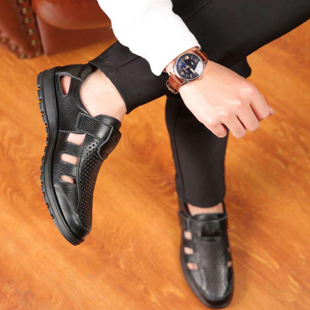 Модные сандалии из натуральной кожи среднего возраста, летние сандалии ручной работы для отдыха на открытом воздухе, модные удобные мужские пляжные туфли из полой кожи