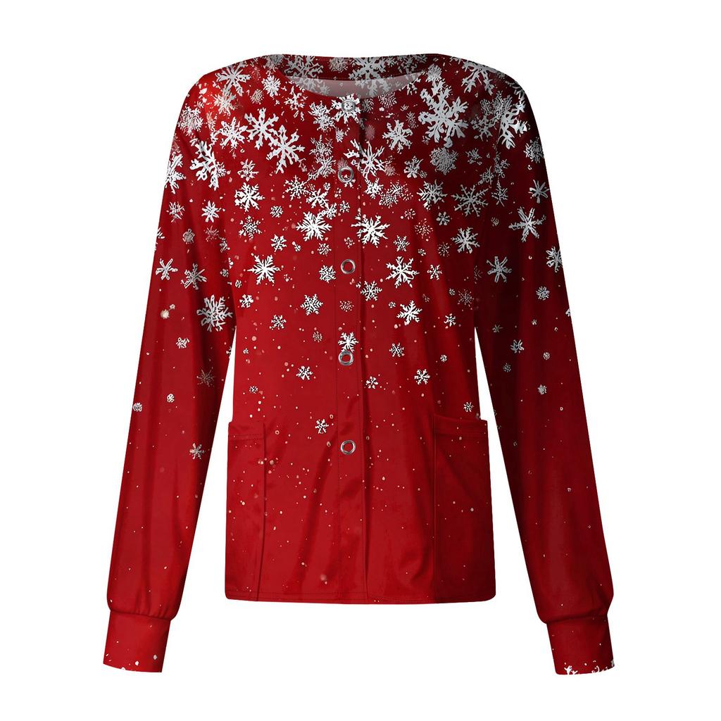 Women's Casual Long-sleeved Single-breasted Christmas Printed Protective Clothing Cardigan Top