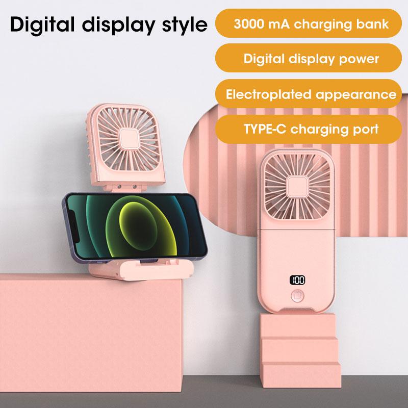 180° Portable Folding Fan Digital Display Neck Hanging Fan USB Adjustable Rechargeable Cooling Mute Power Bank Phone Holder