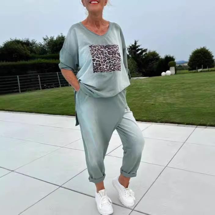 Женский осенний вязаный комплект с леопардовым принтом 2024: Европейский и американский повседневный комплект с круглым вырезом