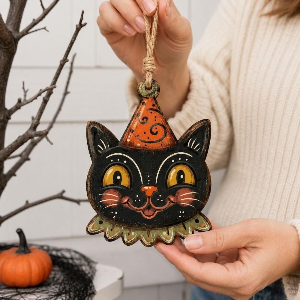 Trick or Treat Wooden Black Cat Ornament Owls Bat Hanging Decoration Holiday Party