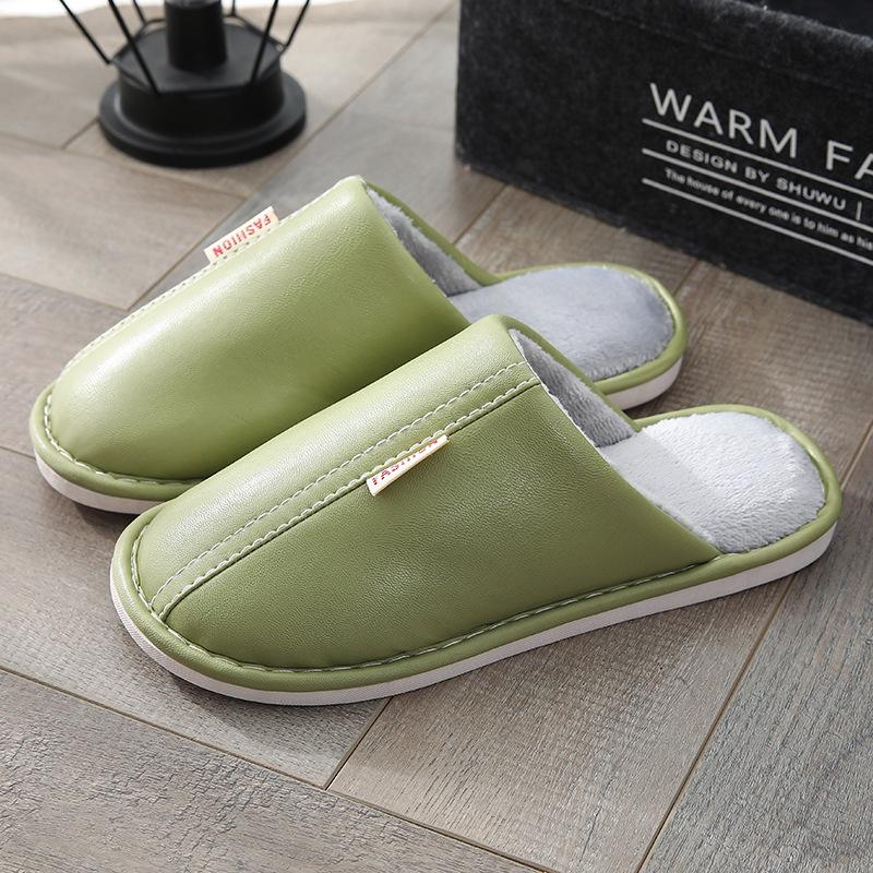 PU Leather Couple Indoor Home Wooden Floor Leather Surface Autumn and Winter Warm Cotton Slippers