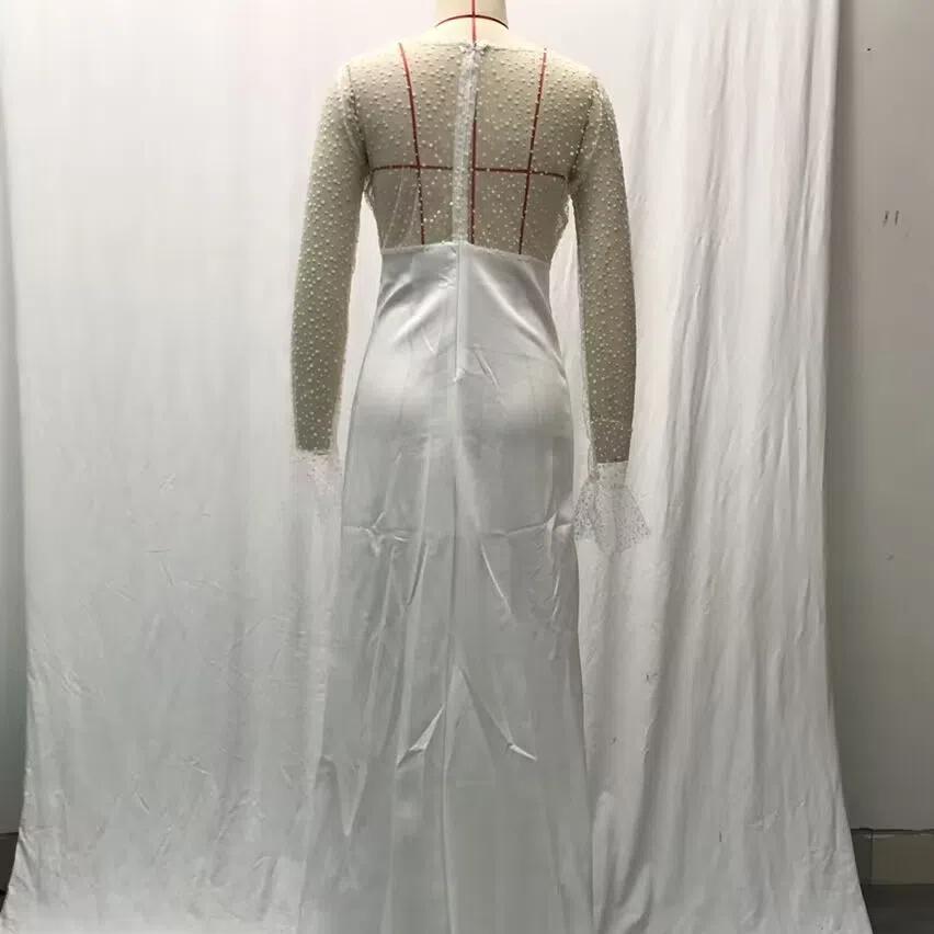 2025 Лето Осень Женское Прозрачное Сетчатое Свадебное Платье, Сексуальное Платье с V-образным вырезом и Длинными Рукавами с Высоким Разрезом, Белое Просвечивающее Свадебное Платье для Торжественных Мероприятий