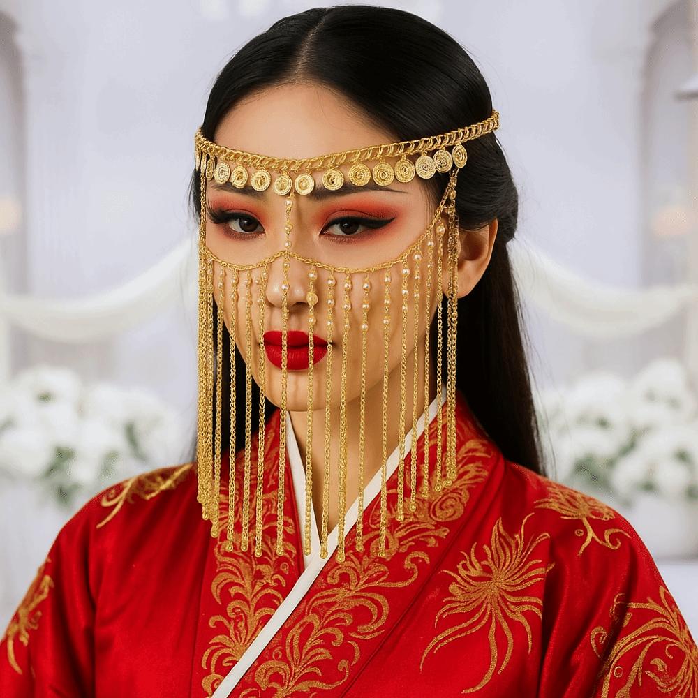 Золотая маска для лица для танца живота с стразами Маскарадная маска Роскошная цепочка на голову-занавес Аксессуары для волос