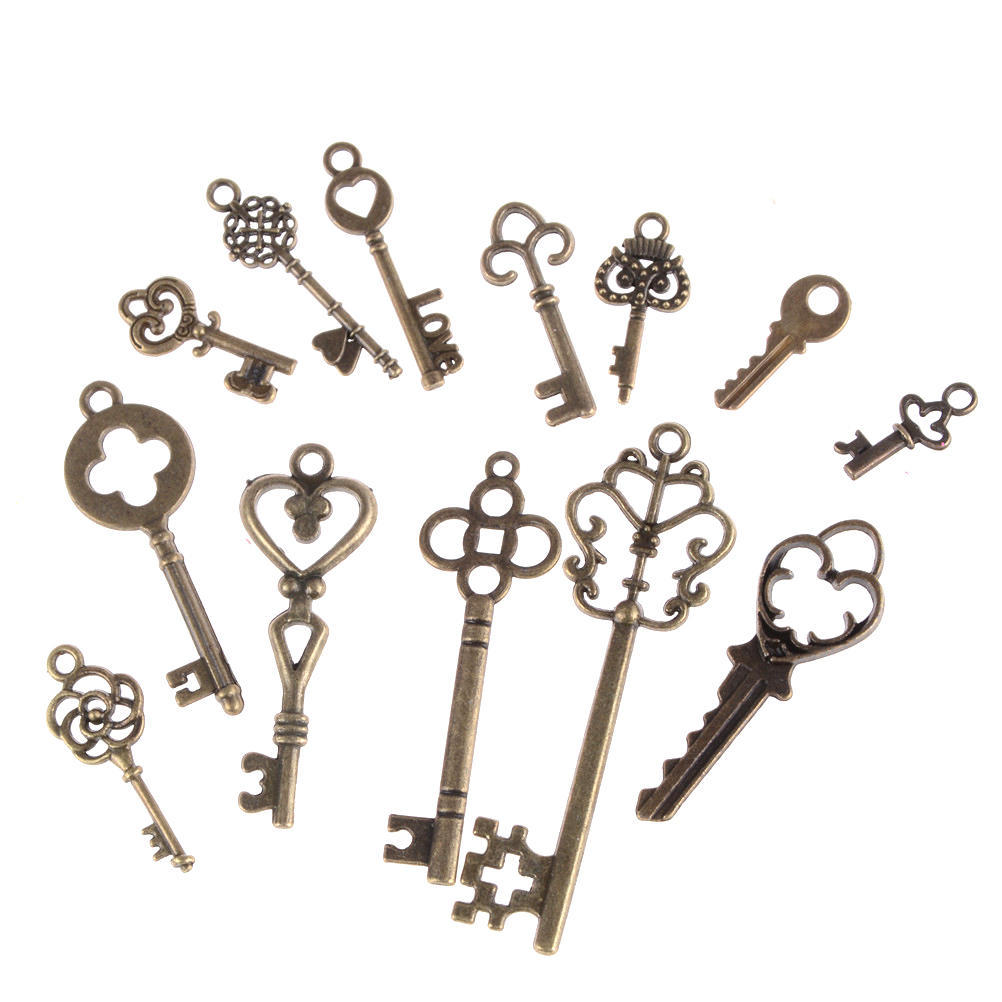 13Pcs Mix Jewelry Antique Vintage Old Look Skeleton Keys Tone Charms Pendants