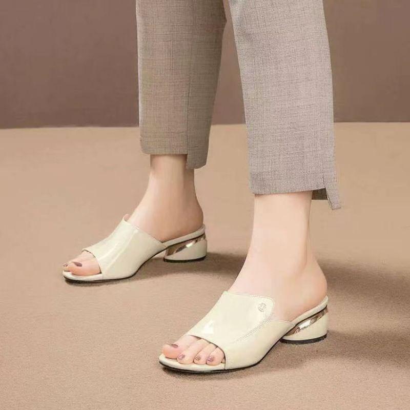 Женские летние однотонные женские босоножки на среднем каблуке, мягкая кожаная верхняя одежда, женские, с застежкой «рыбий рот», 42 ярда, классные тапочки