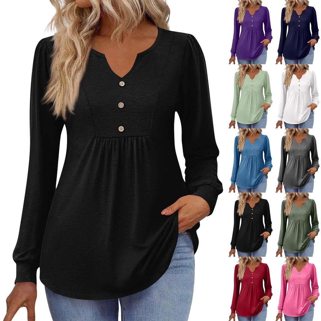 Women's Fashionable Casual V-neck Blouse Button Long-sleeved Pullover T-shirt Top