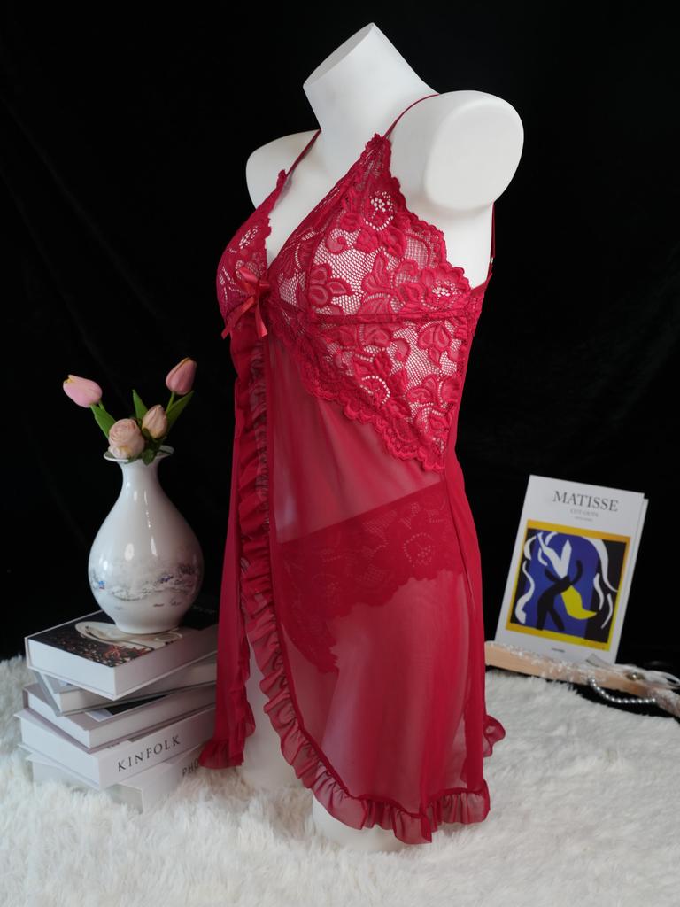 Тонкий стиль стринги контрастная кружевная отделка оборками комплект нижнего белья глубокий V платье-комбинация вещь женское сексуальное нижнее белье Lenceria Mujeres винно-красный