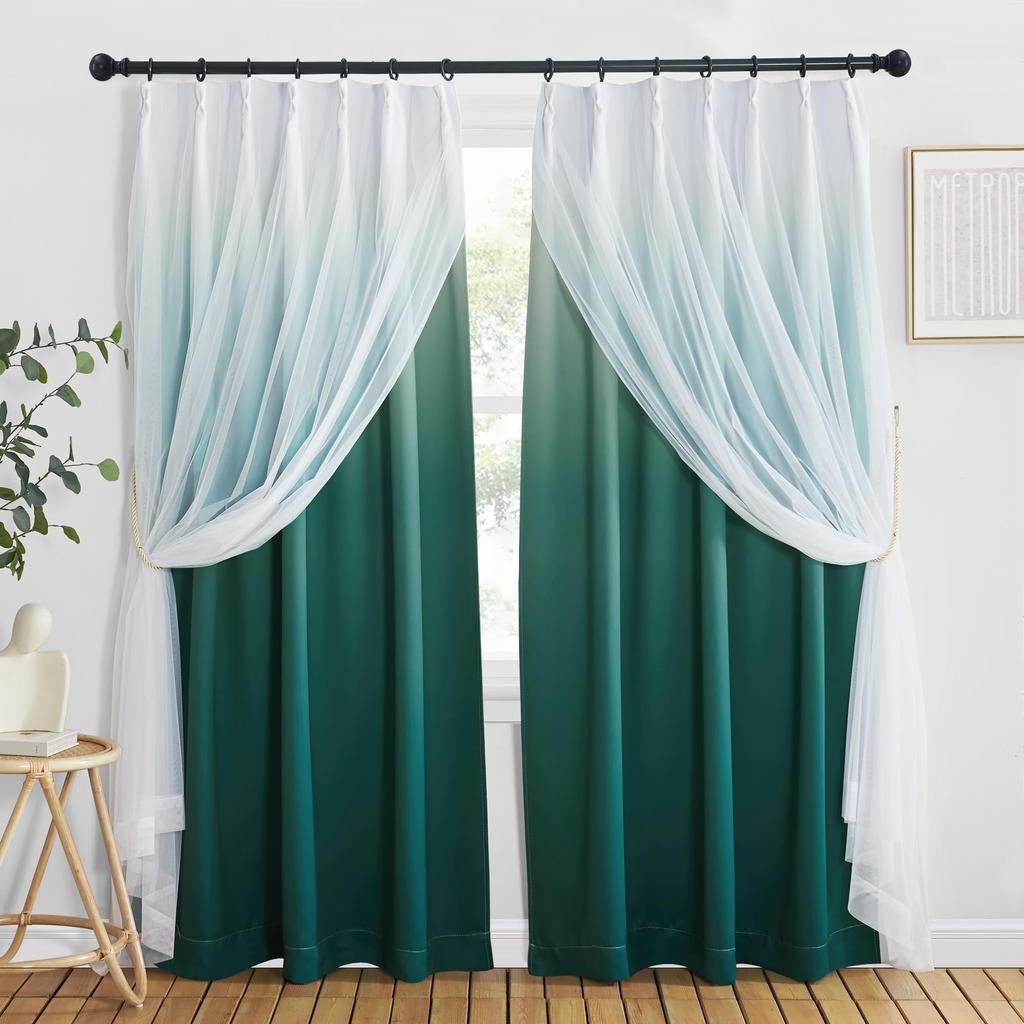 NICETOWN Кружево Блэкаут Идеально для Спален и 100 см Шириной x 200 см Комплект Темно-зеленых Штор, Разделитель, Двухслойные Шторы, Стильные, Романтичные,