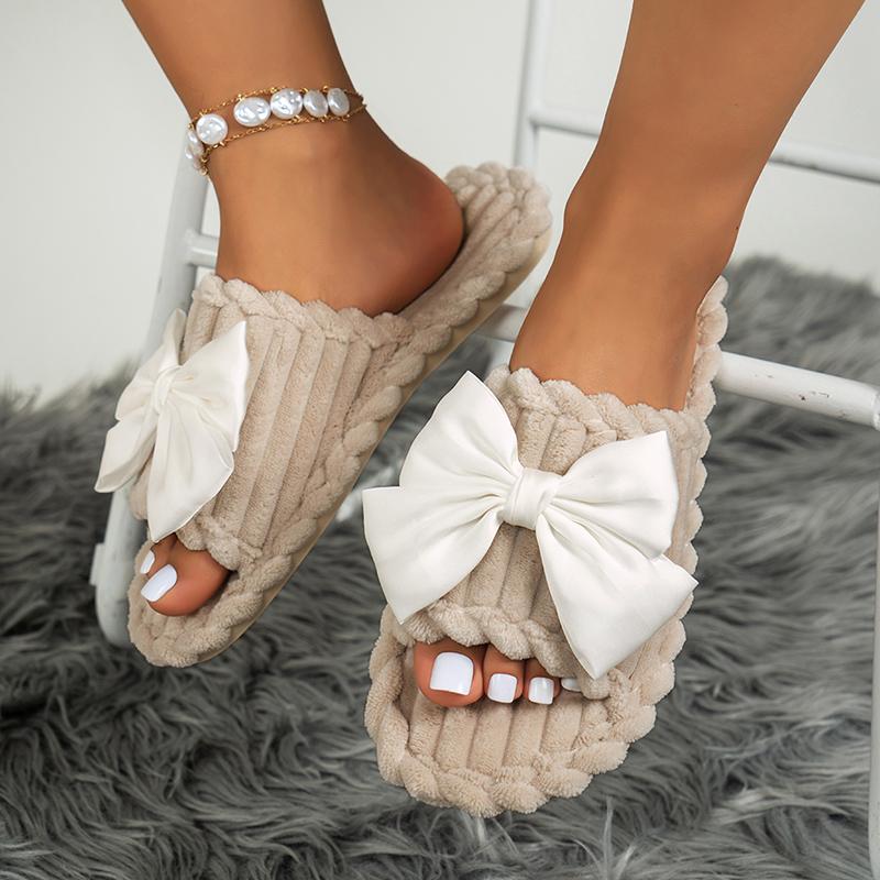 Модные домашние тапочки-шлепанцы на плоской подошве с декором в виде бантика, женские, для помещений, из вельвета, с мягкой подошвой, домашние шлепанцы, женские, нескользящие, с открытым носком, хлопковые тапочки