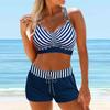 Women's Shoulder Strap Swimsuit with Dual Color Striped Print Bikini Short Tank Top Swimsuit