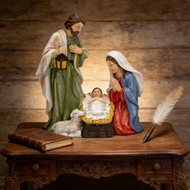 Friendly Resin Nativity Set LED Light Holy Family Three Persons Christmas Decoration for Indoor Festival Ambiances HX6C