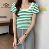 Новый летний универсальный облегающий свитер в полоску с квадратным воротником и короткими рукавами, женская верхняя модная повседневная футболка