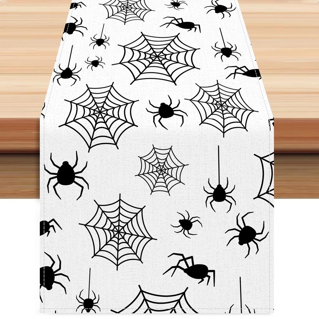 1pc White Black Halloween Table Runner with Spider Web Pattern Dustproof Durable Tablecloth for Halloween Theme Party Decoration