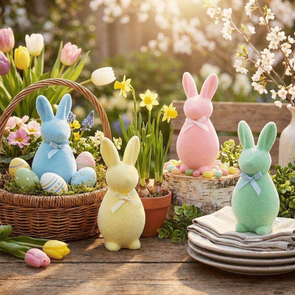 Plush Easter Bunny Statue with Bow Rabbit Gnome Doll Easter Holiday Bunny Sculpture Indoor Table