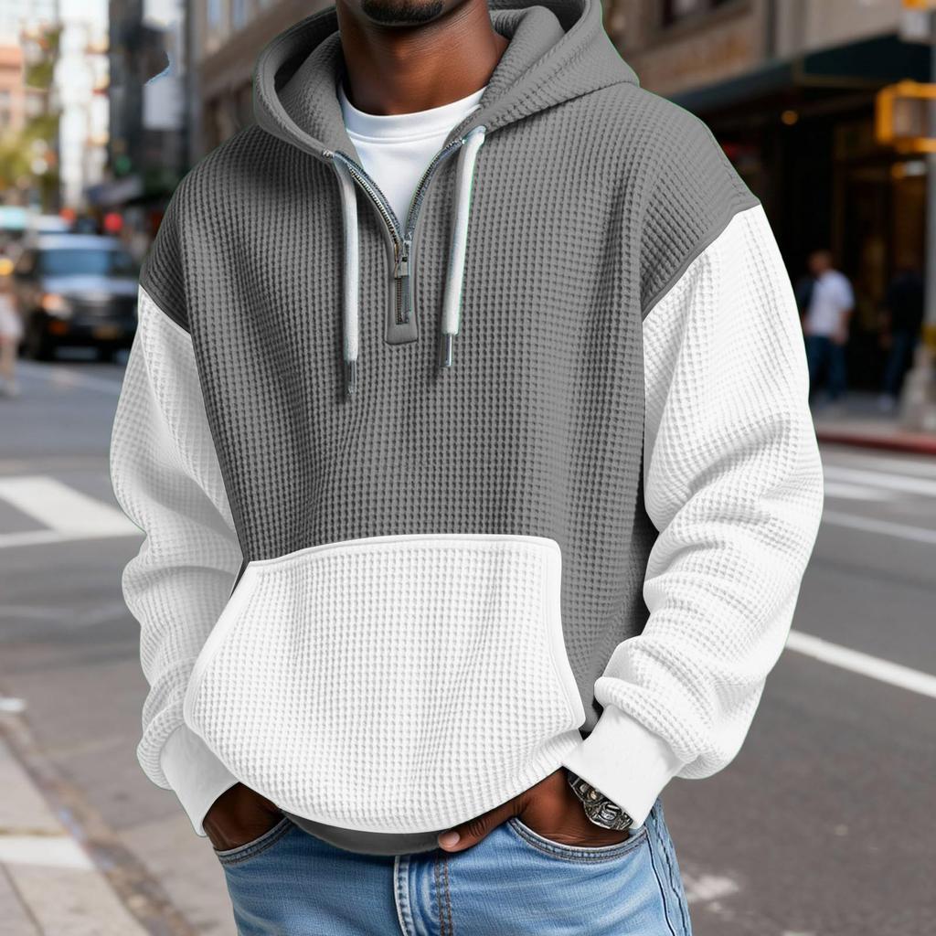 Мужской Модный Трендовый Худи с капюшоном на половину молнии Пуловер Утепленный Флисовая текстура Толстовка