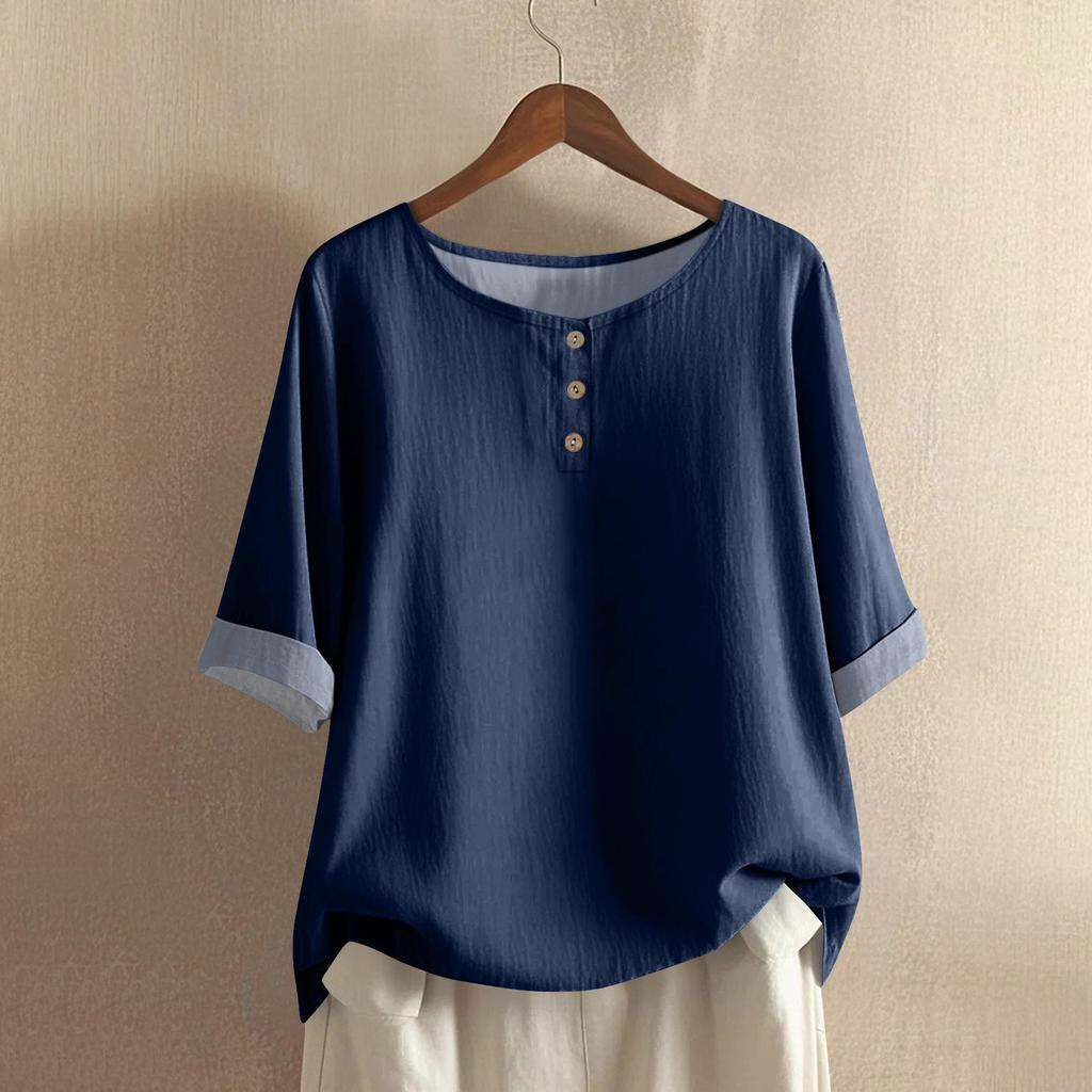 Women's Fashionable And Casual Shirt Half-sleeve Round Neck Solid-color Cotton And Linen Blouse Top
