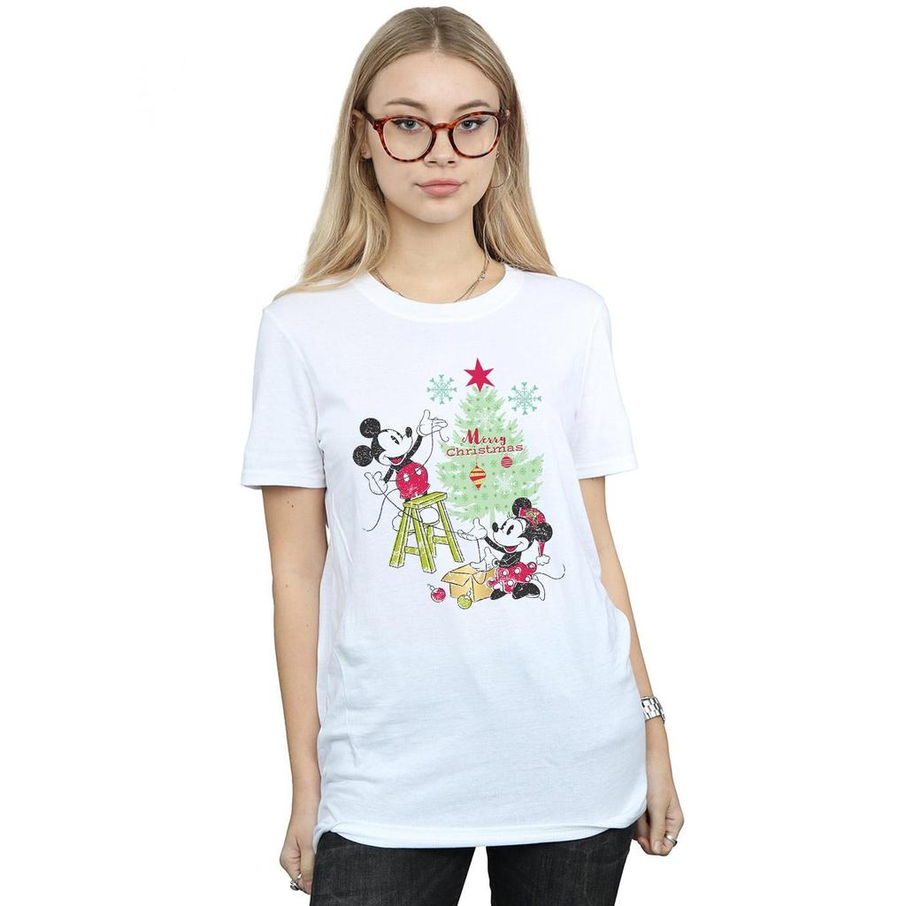 Disney Womens/Ladies Mickey And Minnie Christmas Tree Cotton Boyfriend T-Shirt