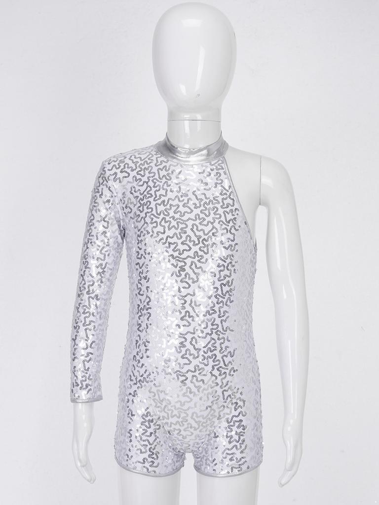 Kids Girls Single Long Sleeve Gymnastics Leotard Sequins Ballet Dance Unitards Short Jumpsuit