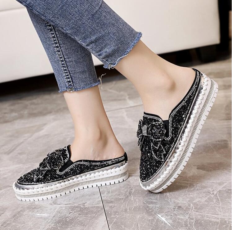 Модные женские туфли, блестящие мокасины со стразами, бант, слипоны, толстые кнопки, повседневные женские кроссовки на платформе со стразами, спортивные