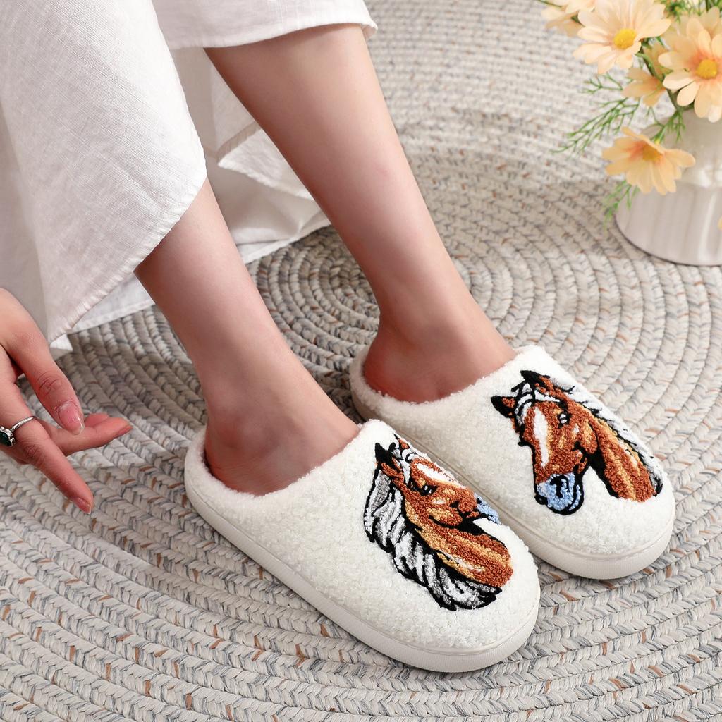 Farmer Ranch Horse Pattern Embroidered Plush Home Thick-Soled Comfortable Furry Slippers Cute Warm Non-Slip Indoor Slippers