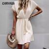 Summer Women's Dress Solid Short Sleeve Lace V-Neck Waist Dresses