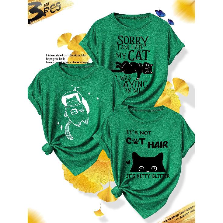 3Matching outfits for sisters, party outfits, plus size 3 Packaged cat-themed creative print round-neck casual sporty elegant plus-size women's