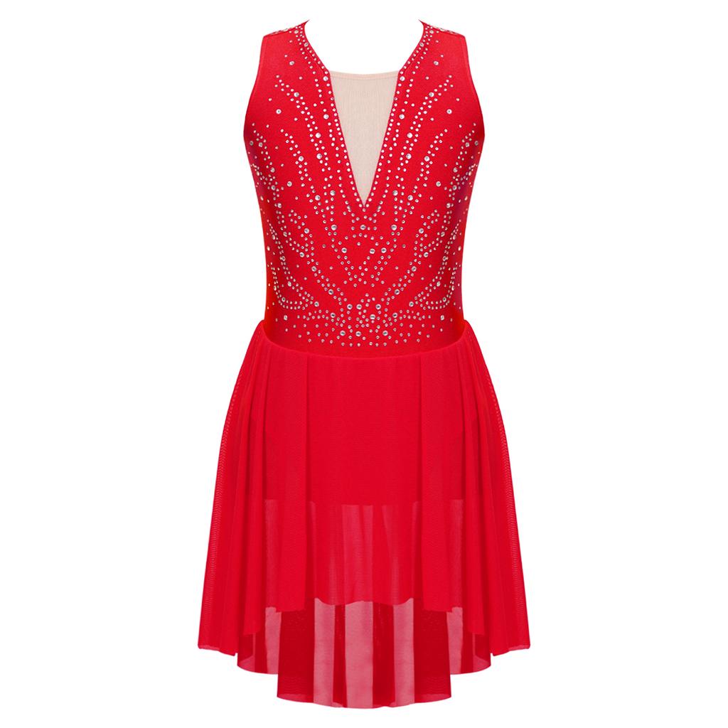 Kids Girls Rhinestone Figure Skating Ballet Lyrical Performance Dress Strappy Back Asymmetrical Hem Sleeveless Dance Dresses
