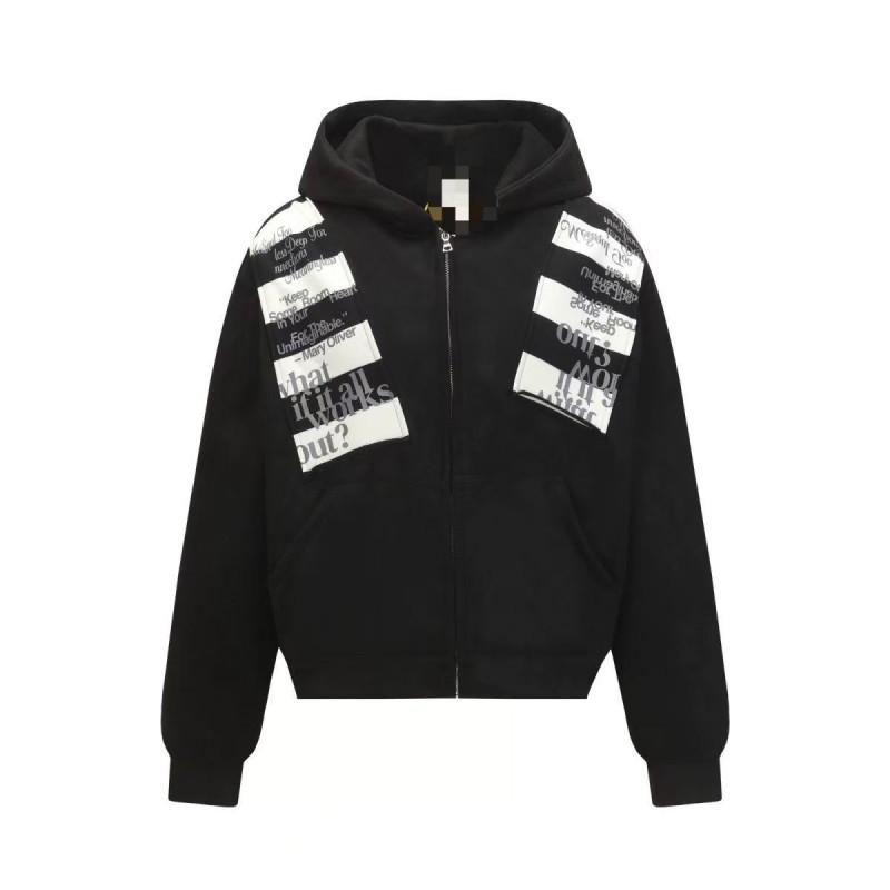 Black Color Block Letter Print Hooded Cardigan Loose Fit College Style Sweatshirt Men Women