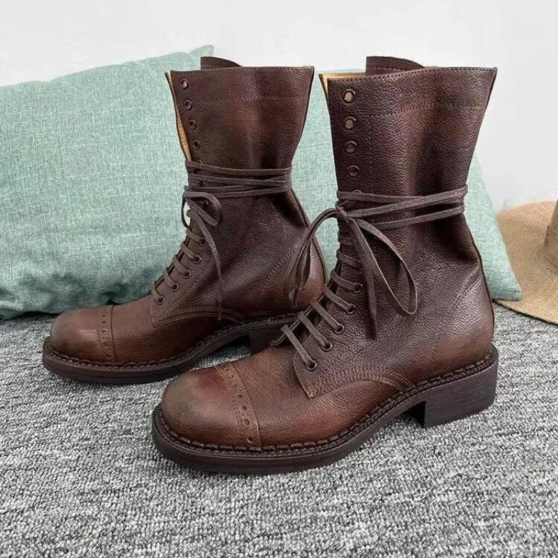 Женские ботильоны на шнуровке для девочек, ковбойские мотоциклетные тренды, новая мода в стиле рок-панк, дизайнерская обувь на низком каблуке, кожаные сапоги с круглым носком