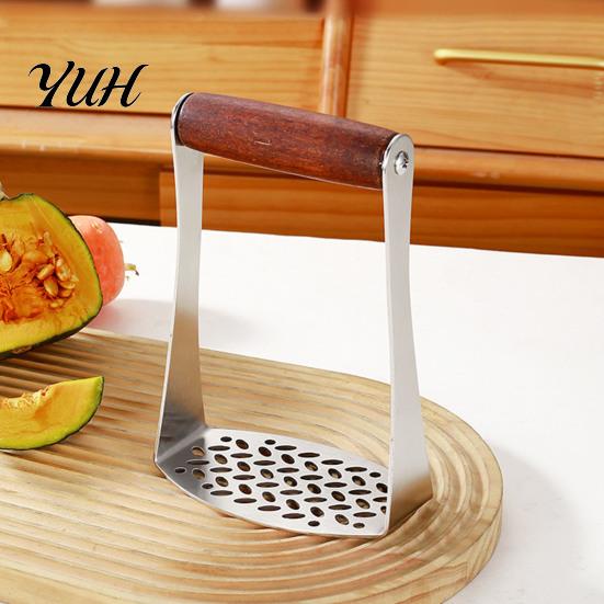 Ergonomic Wood Handle Masher Stainless Steel Potato Masher, Wooden Food Press for Baby Professional Cooking Puree, Manual Crusher, Kitchen Gadget