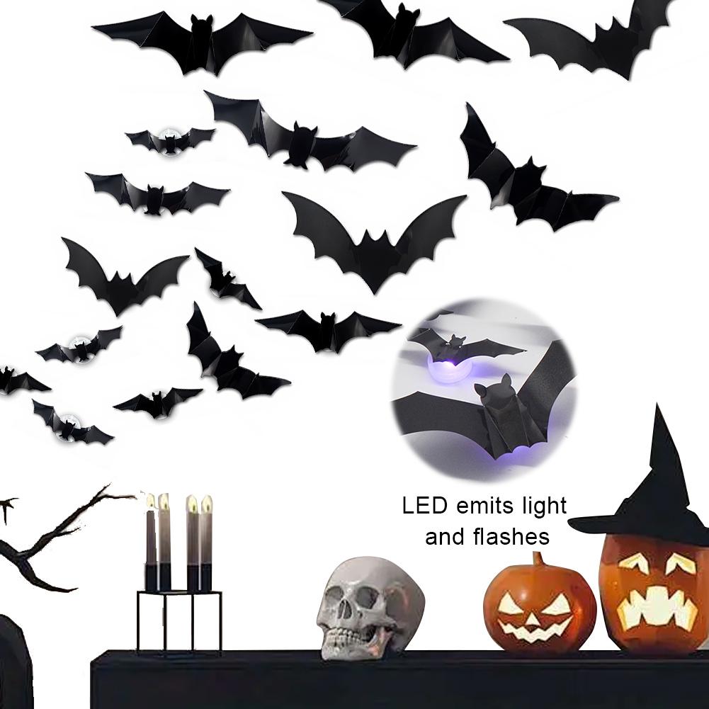 60 PCs Halloween Bats Wall Decor Battery Powered Bats Decorations Wall Stickers for Halloween Party Bedroom Window Decorations