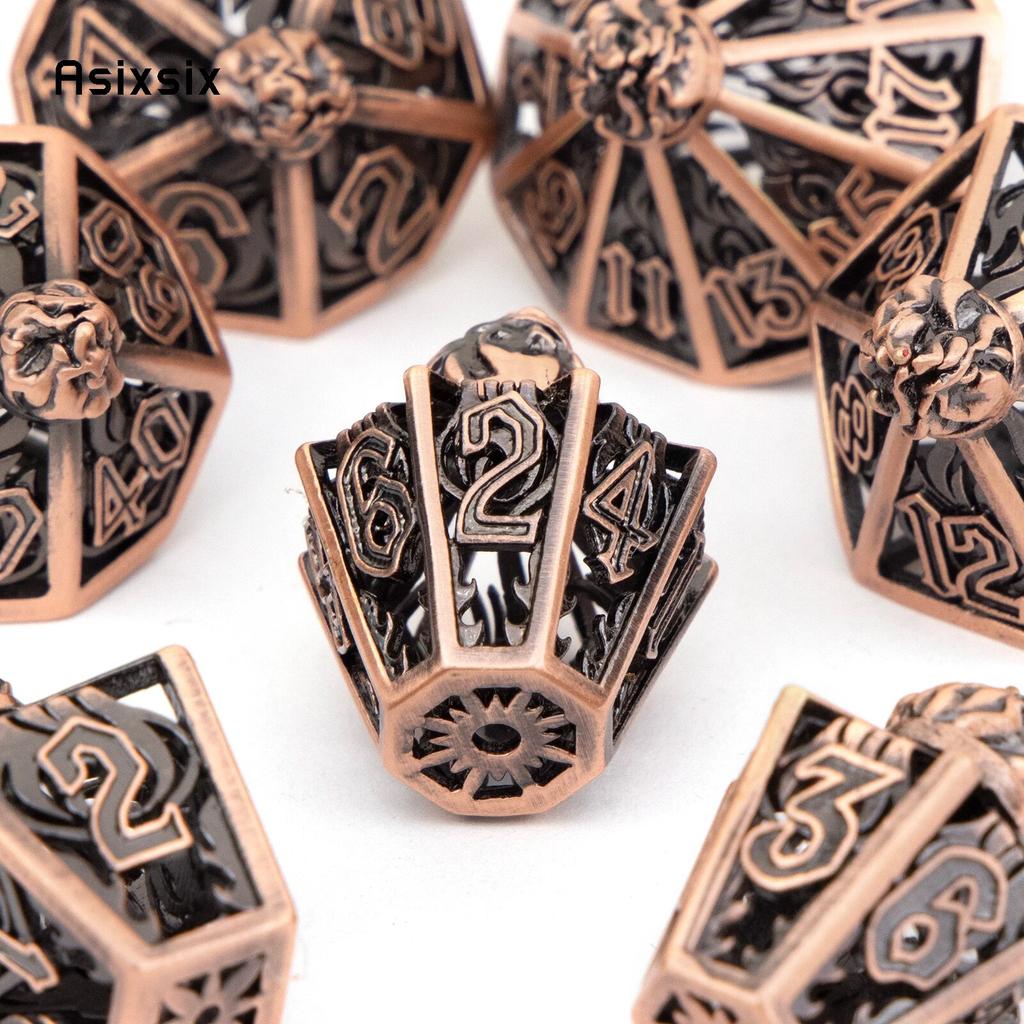 7 Pcs Copper Flame Metal Dice Hollow Metal Polyhedral Dice Set Suitable for Role-Playing RPG Board Game Card Game