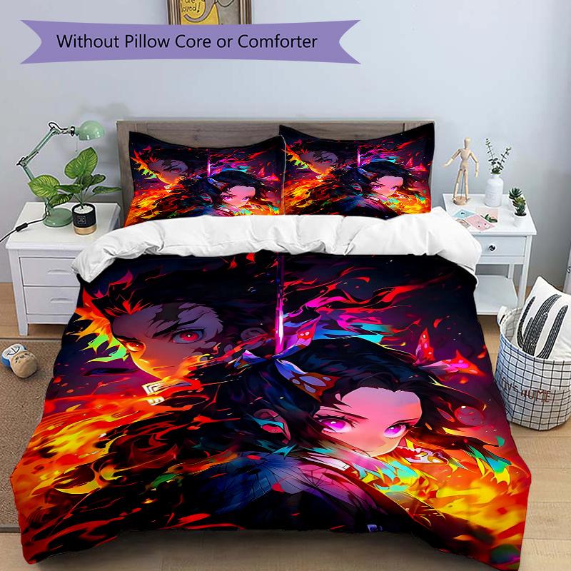 3pcs Flaming Anime Characters Printed Quilt Set - Includes 1 Quilt Cover and 2 Pillowcases, Machine Washable - Suitable for All Seasons.C037
